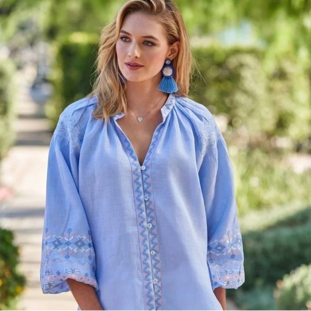 Bella Tu Sz Xs 100% Linen Blouse Shirt Top Embroidered Puff Sleeve Blue Peasant